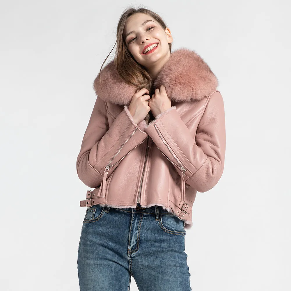Genuine Leather Coat Real Fur Lined Coat Real Fox Fur Collar Pink Biker Jacket