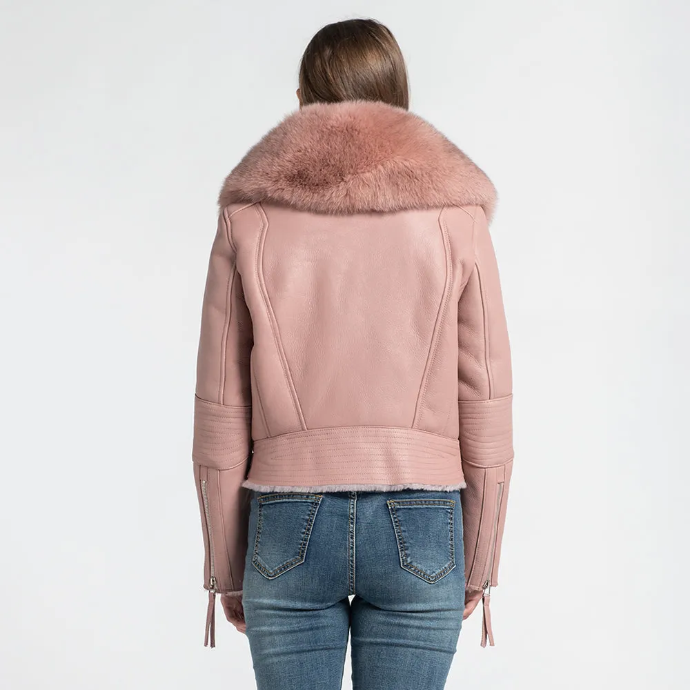 Genuine Leather Coat Real Fur Lined Coat Real Fox Fur Collar Pink Biker Jacket