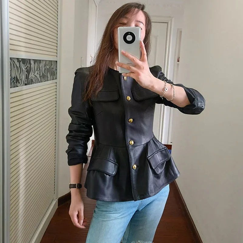Genuine Sheep Leather Jacket Women New O-Neck Leather Coats Spring Autumn Fashion Style Pocket CL4014