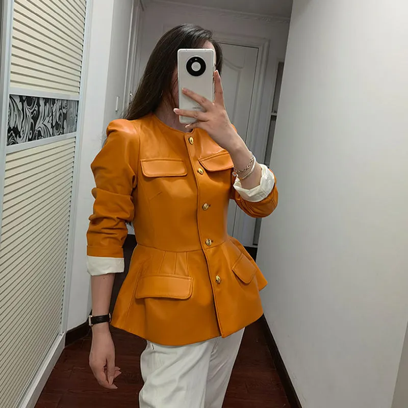 Genuine Sheep Leather Jacket Women New O-Neck Leather Coats Spring Autumn Fashion Style Pocket CL4014