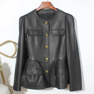 Genuine Sheep Leather Jacket Women New O-Neck Leather Coats Spring Autumn Fashion Style Pocket CL4014
