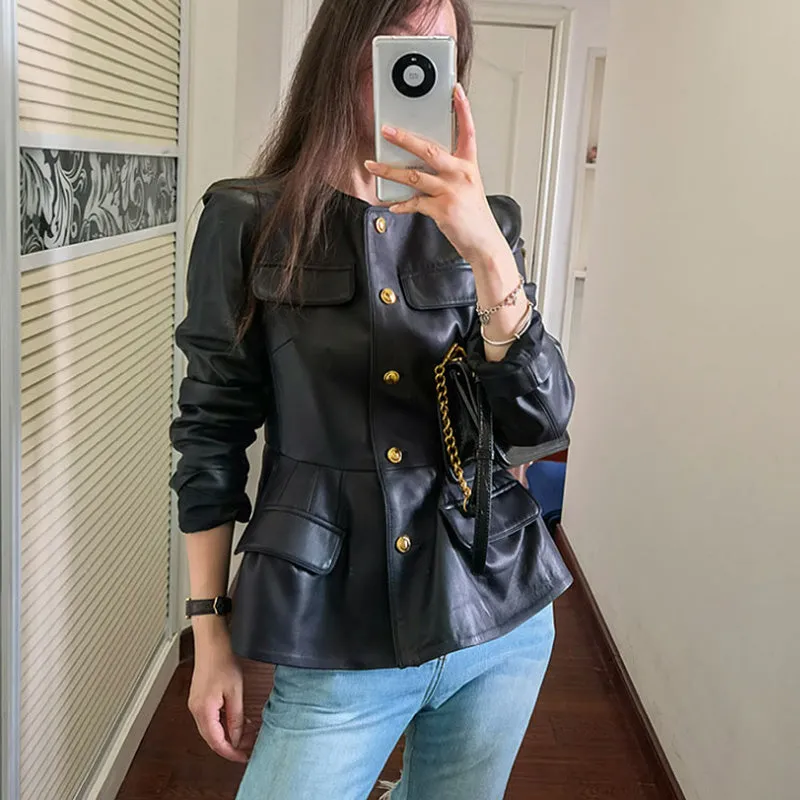 Genuine Sheep Leather Jacket Women New O-Neck Leather Coats Spring Autumn Fashion Style Pocket CL4014