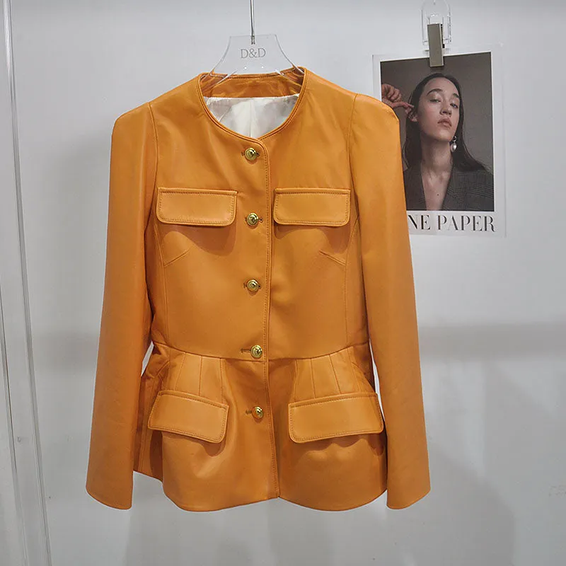 Genuine Sheep Leather Jacket Women New O-Neck Leather Coats Spring Autumn Fashion Style Pocket CL4014