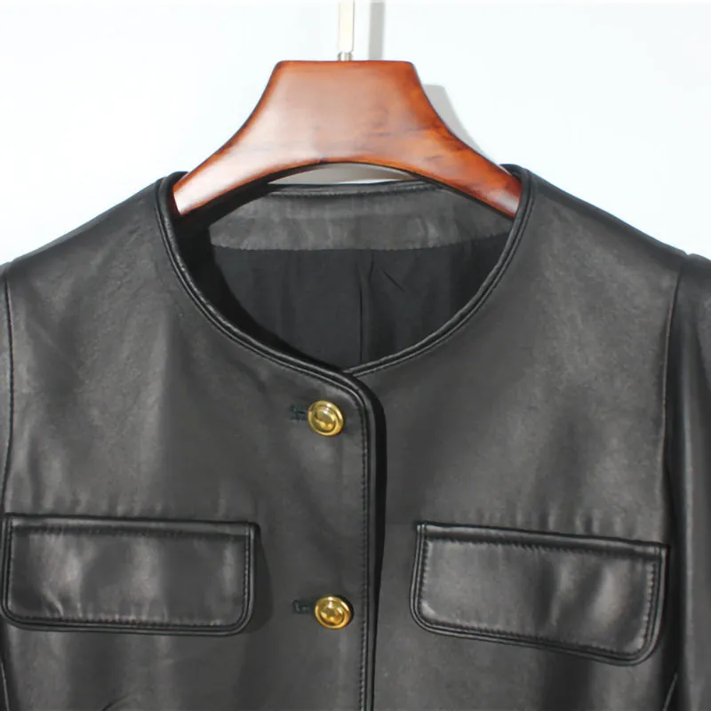 Genuine Sheep Leather Jacket Women New O-Neck Leather Coats Spring Autumn Fashion Style Pocket CL4014