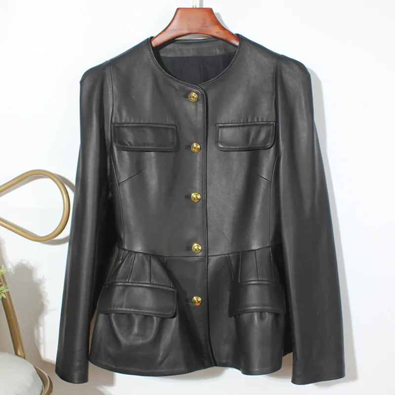 Genuine Sheep Leather Jacket Women New O-Neck Leather Coats Spring Autumn Fashion Style Pocket CL4014