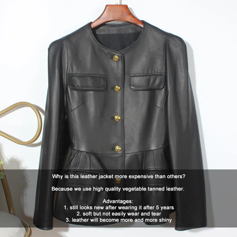 Genuine Sheep Leather Jacket Women New O-Neck Leather Coats Spring Autumn Fashion Style Pocket CL4014