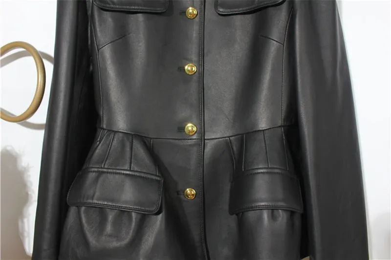Genuine Sheep Leather Jacket Women New O-Neck Leather Coats Spring Autumn Fashion Style Pocket CL4014