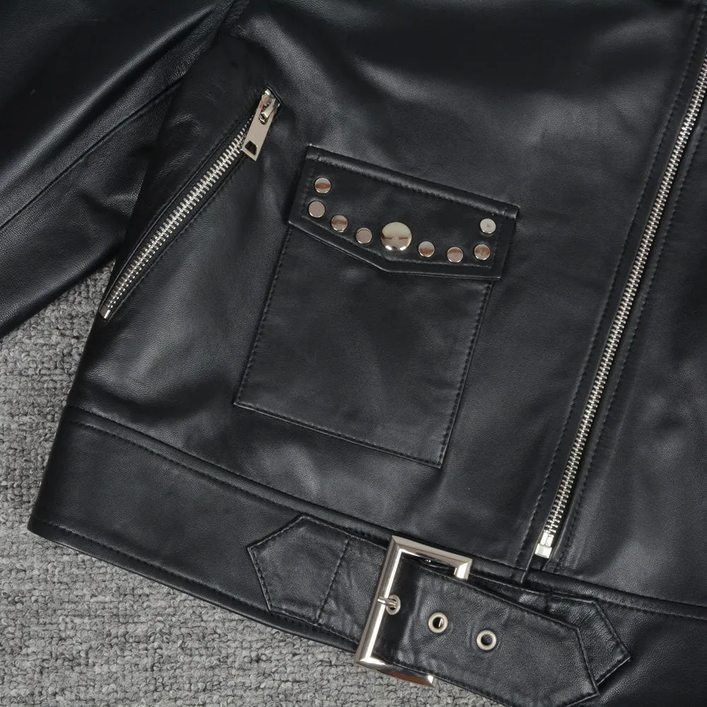 Genuine Sheepskin Leather Jackets Women Fashion Zipper Coat Black Rivet Short Jacket