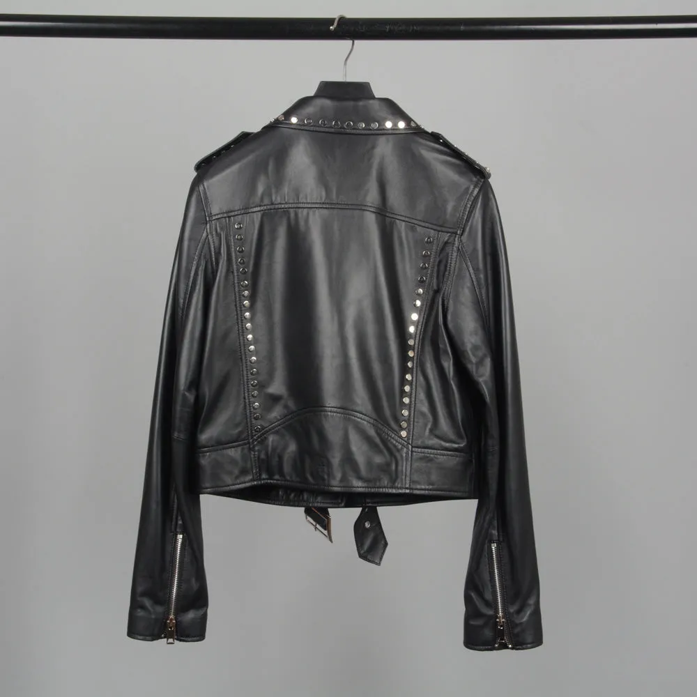 Genuine Sheepskin Leather Jackets Women Fashion Zipper Coat Black Rivet Short Jacket