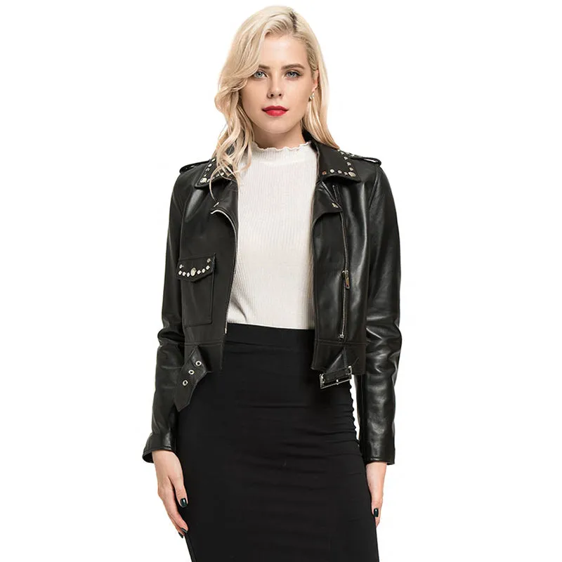 Genuine Sheepskin Leather Jackets Women Fashion Zipper Coat Black Rivet Short Jacket