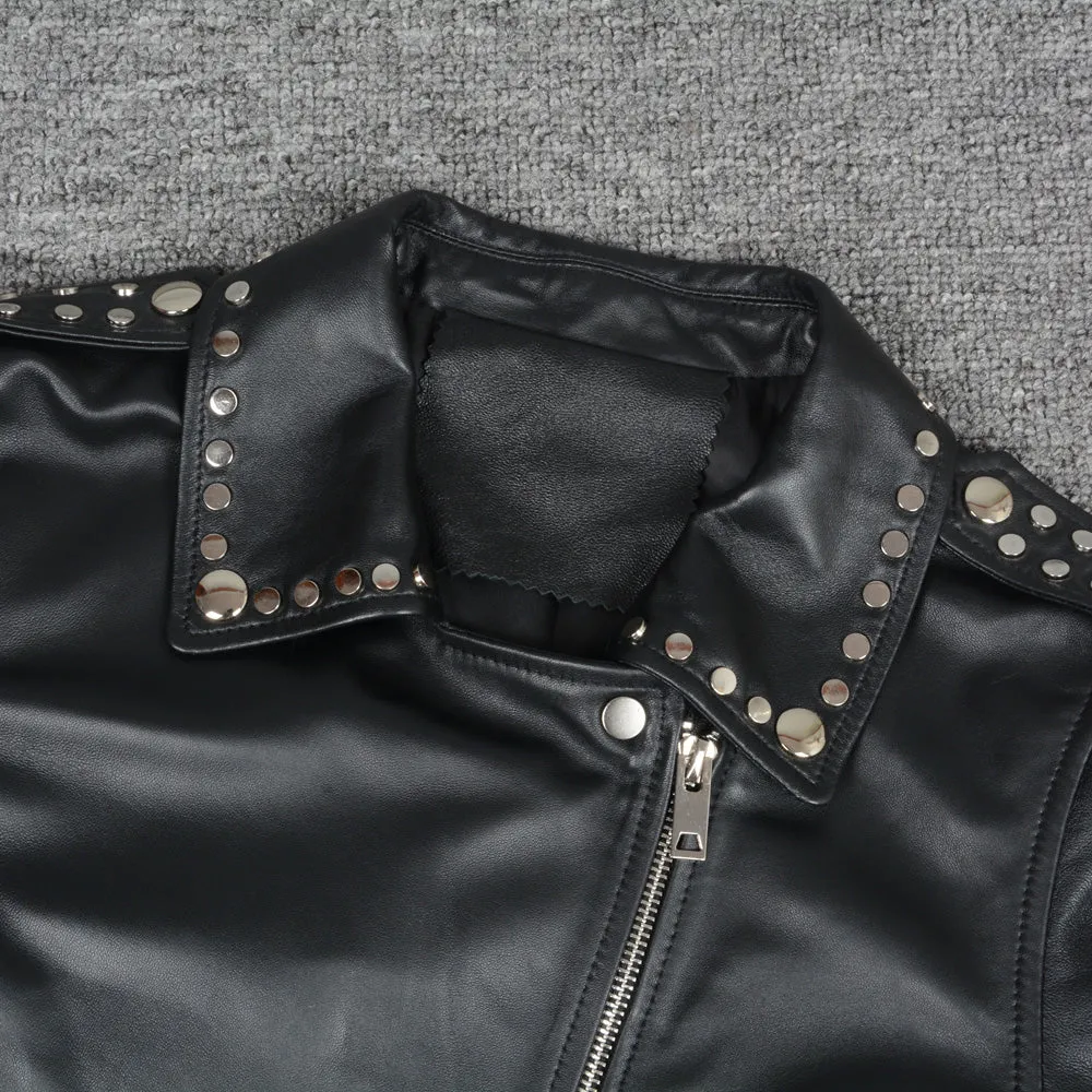 Genuine Sheepskin Leather Jackets Women Fashion Zipper Coat Black Rivet Short Jacket