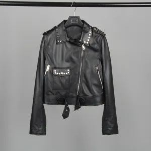 Genuine Sheepskin Leather Jackets Women Fashion Zipper Coat Black Rivet Short Jacket