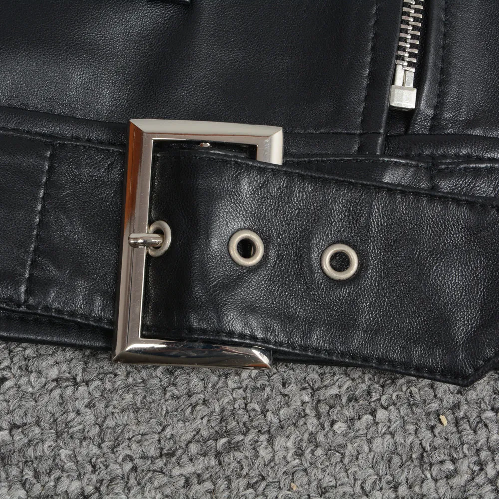 Genuine Sheepskin Leather Jackets Women Fashion Zipper Coat Black Rivet Short Jacket