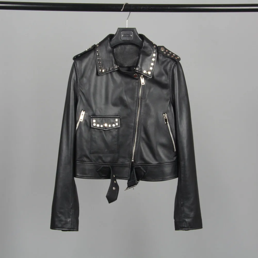Genuine Sheepskin Leather Jackets Women Fashion Zipper Coat Black Rivet Short Jacket