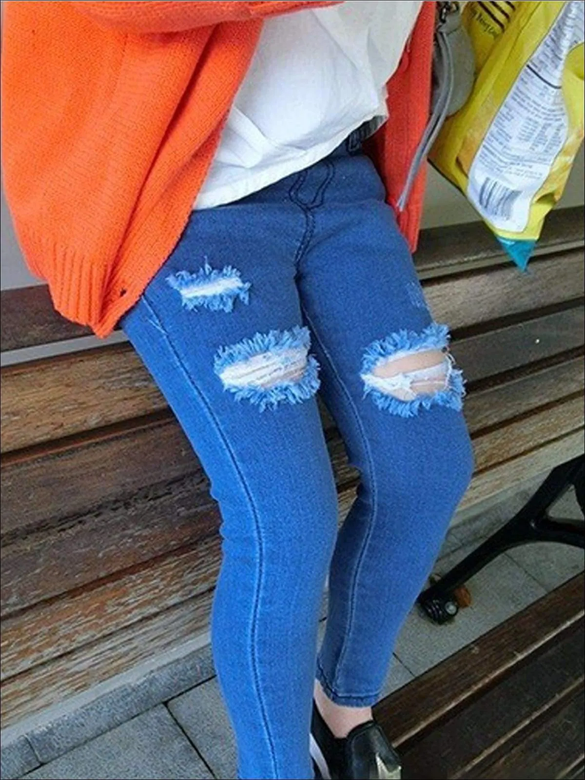 Girls Elastic Waist Distressed Skinny Jeans
