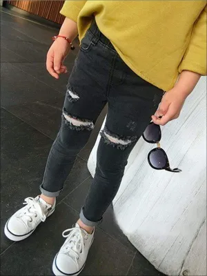 Girls Elastic Waist Distressed Skinny Jeans