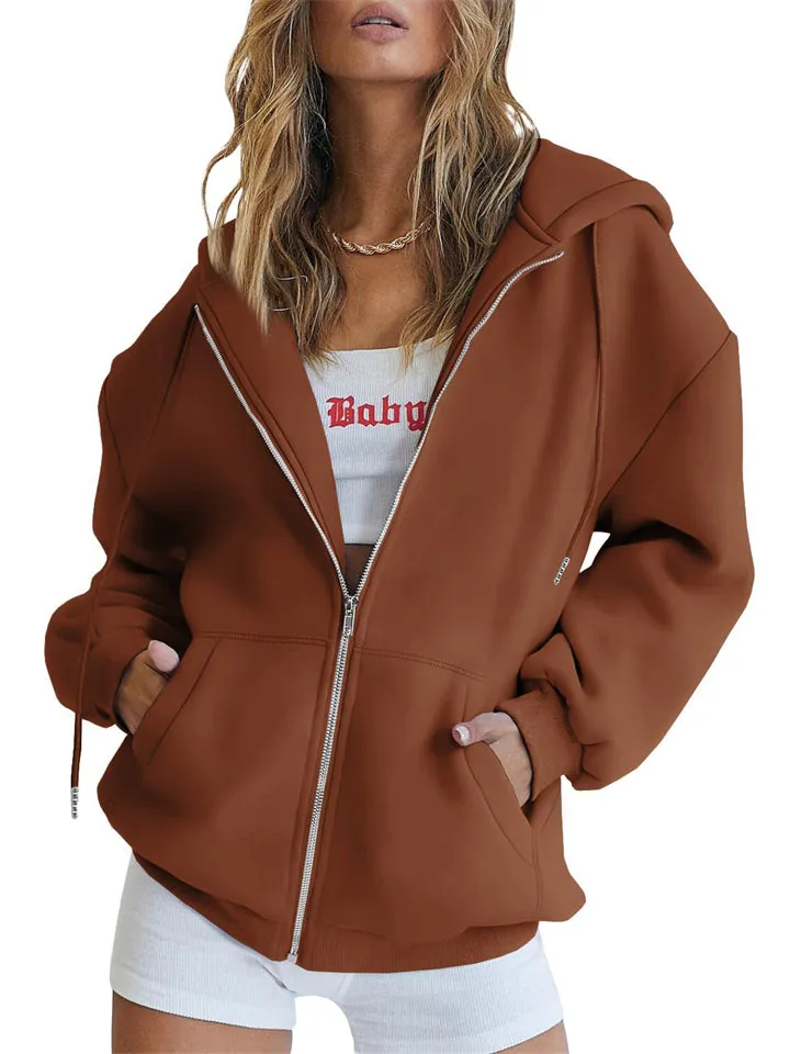 Girls Modern Casual Oversized Drawstring Zip Up Hoodie