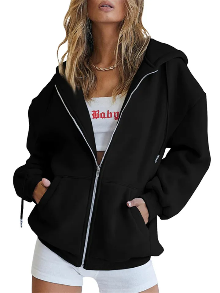 Girls Modern Casual Oversized Drawstring Zip Up Hoodie