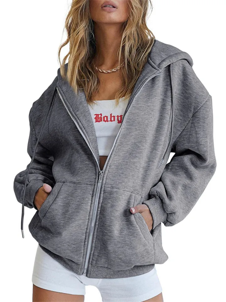Girls Modern Casual Oversized Drawstring Zip Up Hoodie