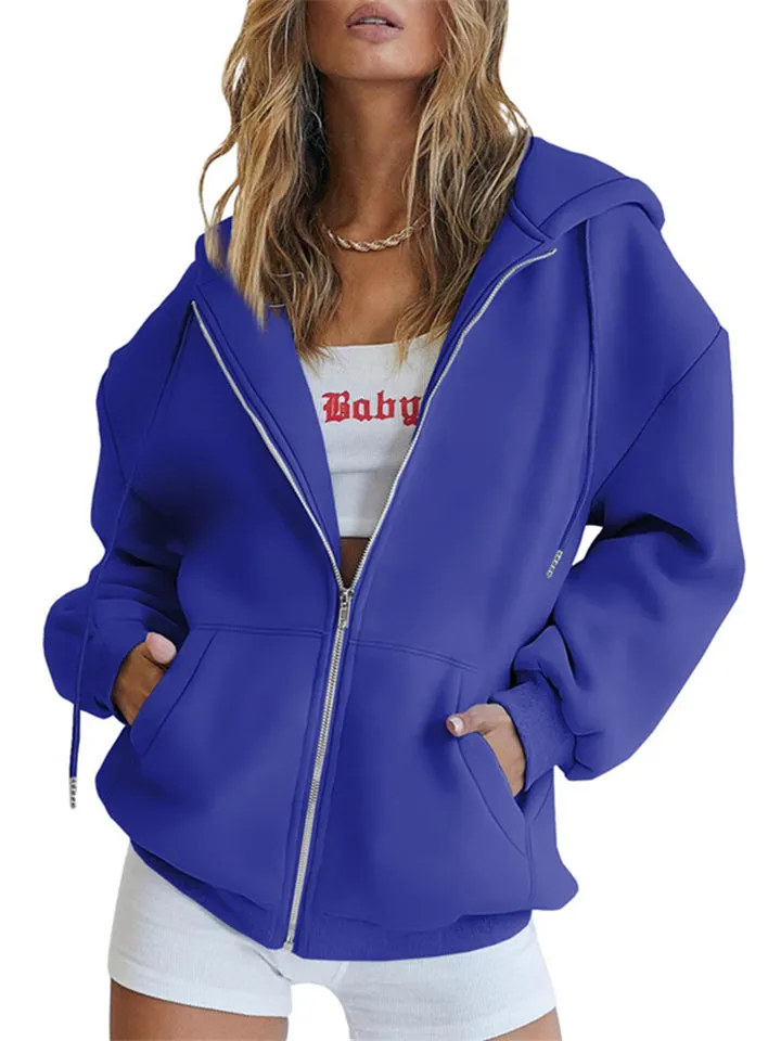 Girls Modern Casual Oversized Drawstring Zip Up Hoodie