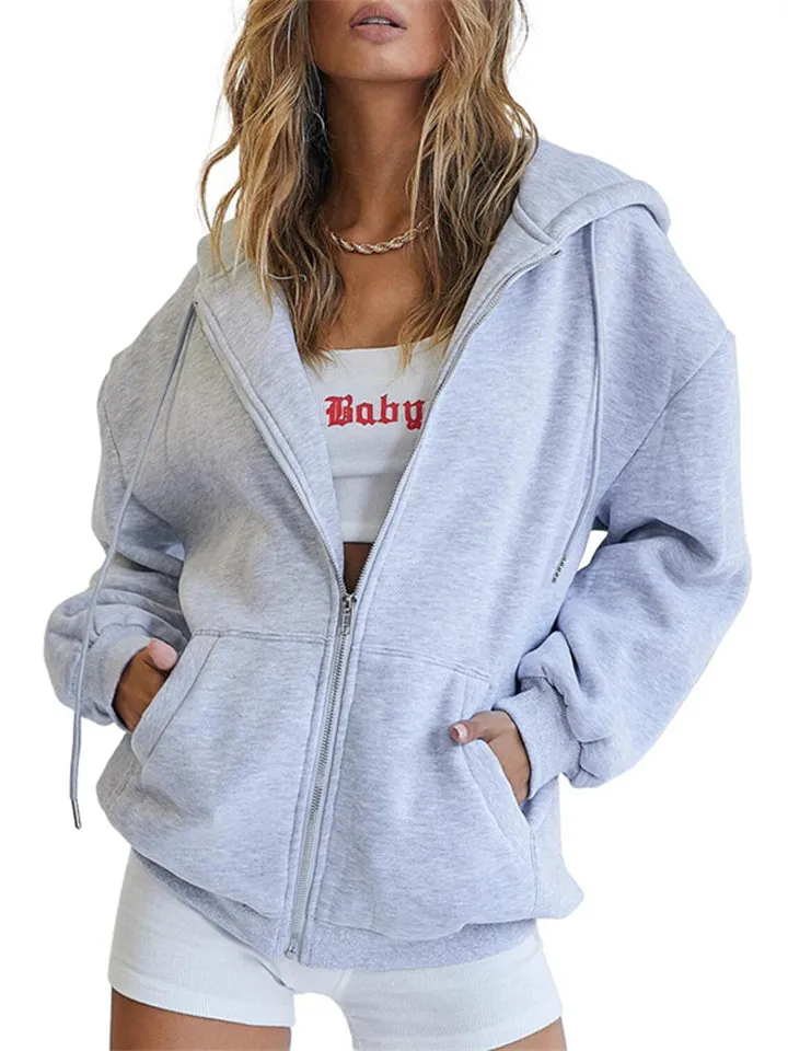 Girls Modern Casual Oversized Drawstring Zip Up Hoodie