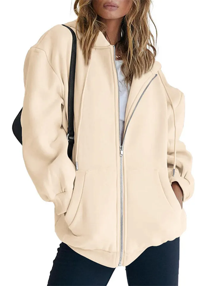 Girls Modern Casual Oversized Drawstring Zip Up Hoodie