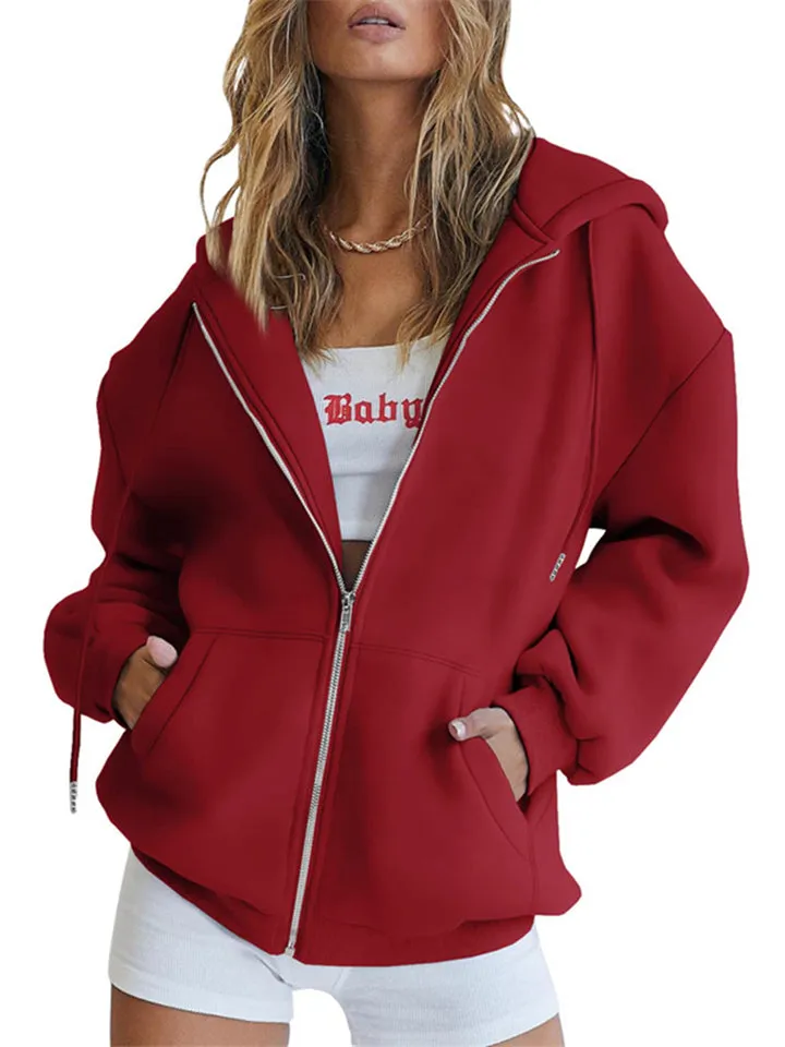 Girls Modern Casual Oversized Drawstring Zip Up Hoodie