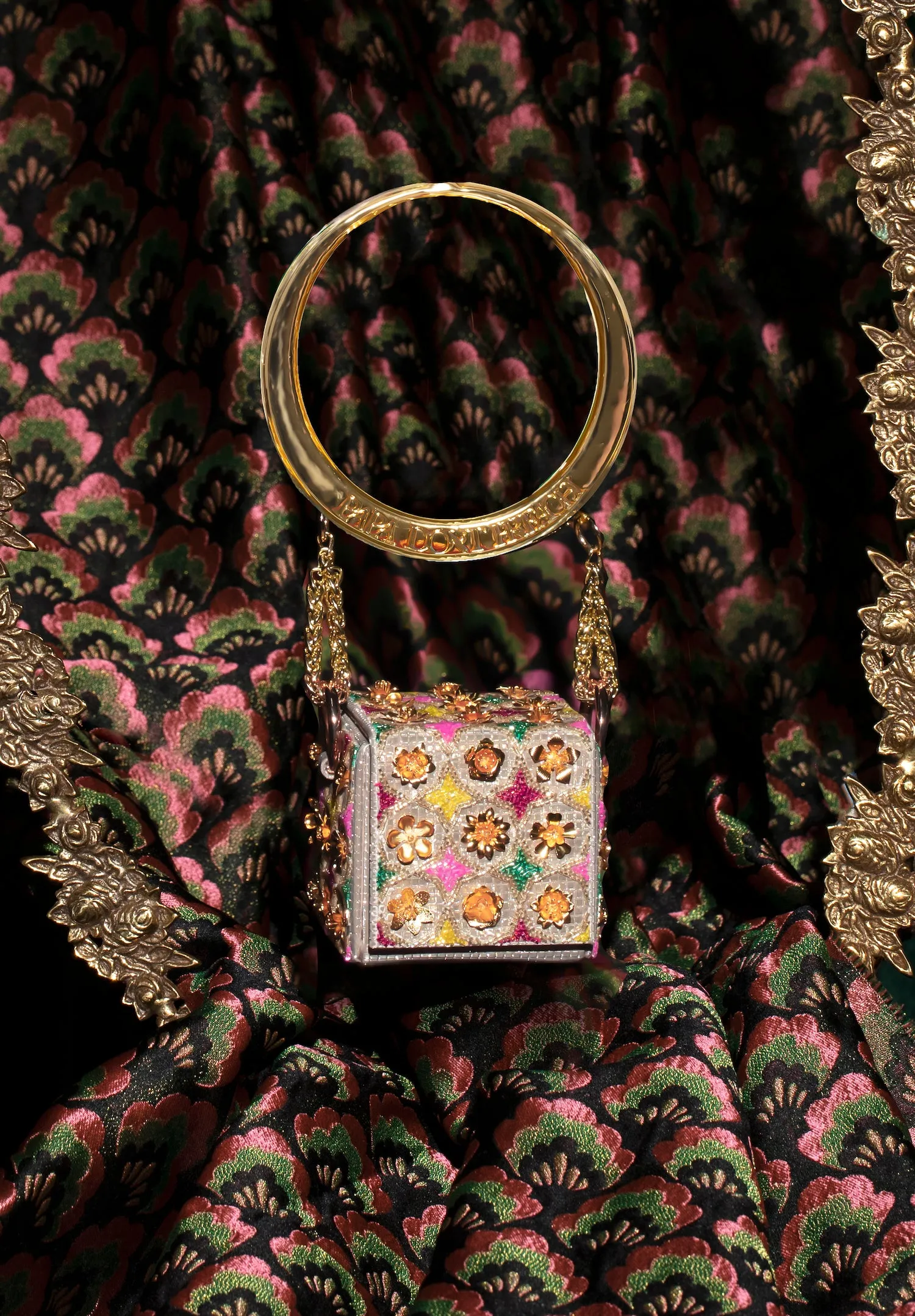 Gold floral mini cube bag