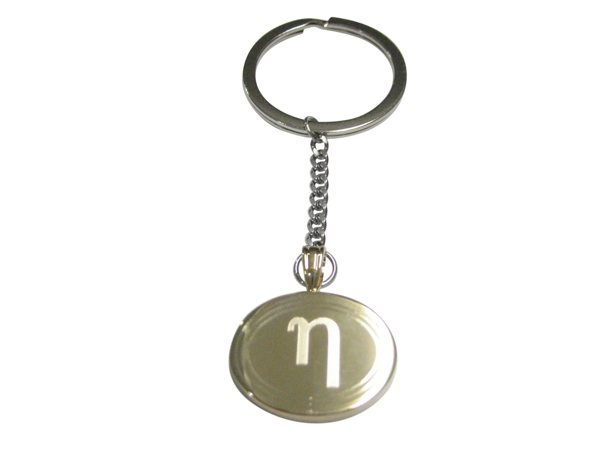 Gold Toned Etched Oval Greek Letter Eta Pendant Keychain