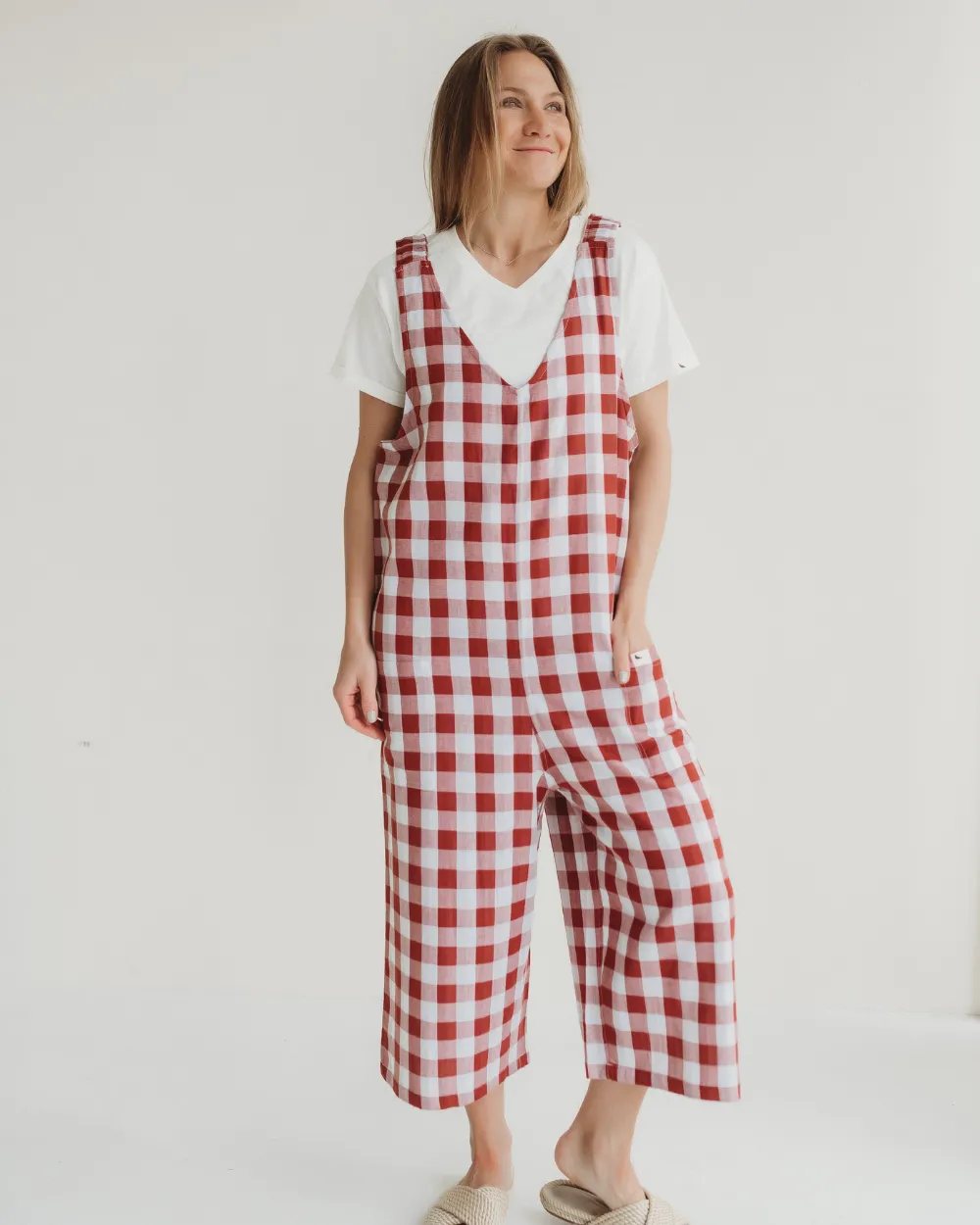 Grace Red Check Print Reversible Wide Leg Jumpsuit