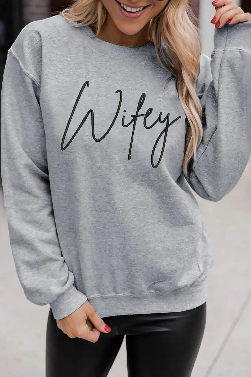 Gray Wifey Embroidered Crewneck Pullover Sweatshirt