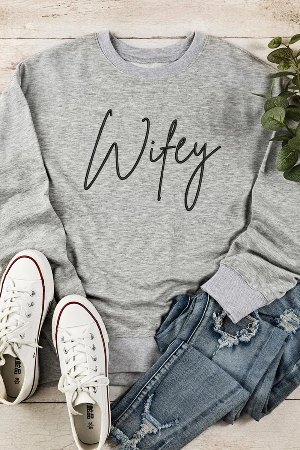 Gray Wifey Embroidered Crewneck Pullover Sweatshirt
