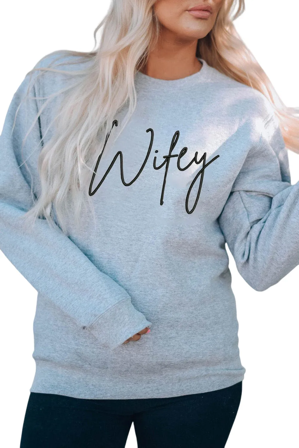 Gray Wifey Embroidered Crewneck Pullover Sweatshirt