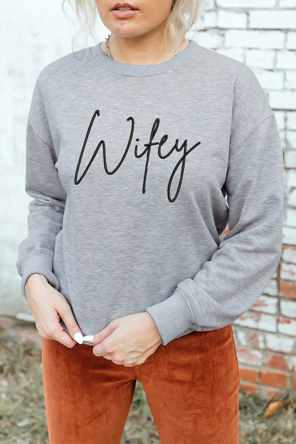 Gray Wifey Embroidered Crewneck Pullover Sweatshirt
