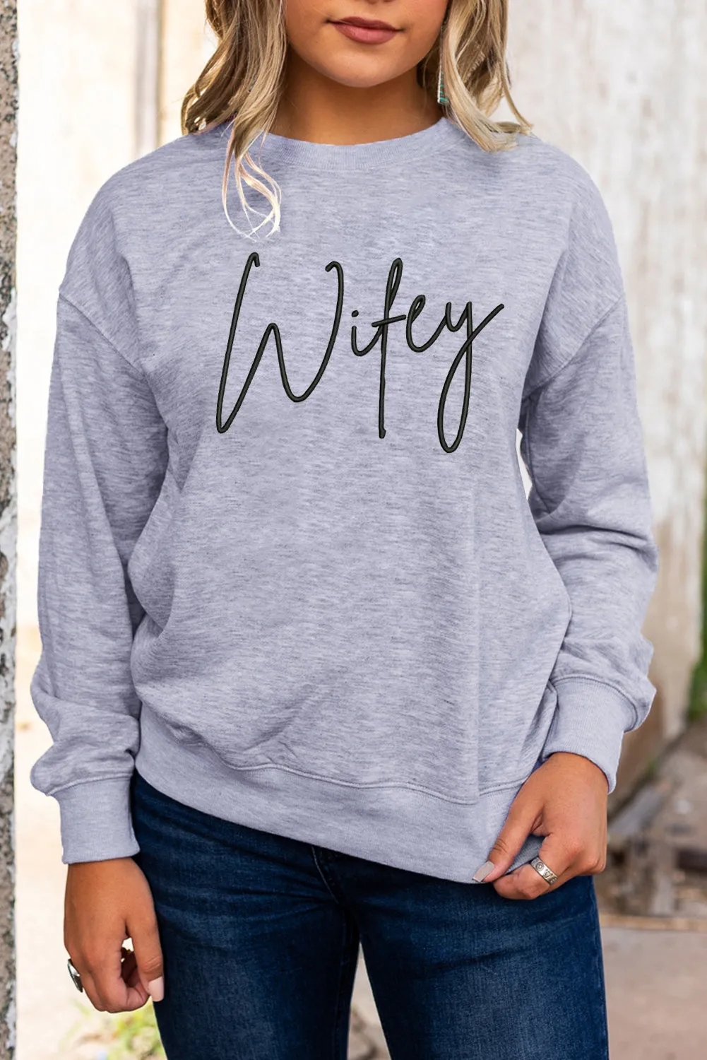 Gray Wifey Embroidered Crewneck Pullover Sweatshirt