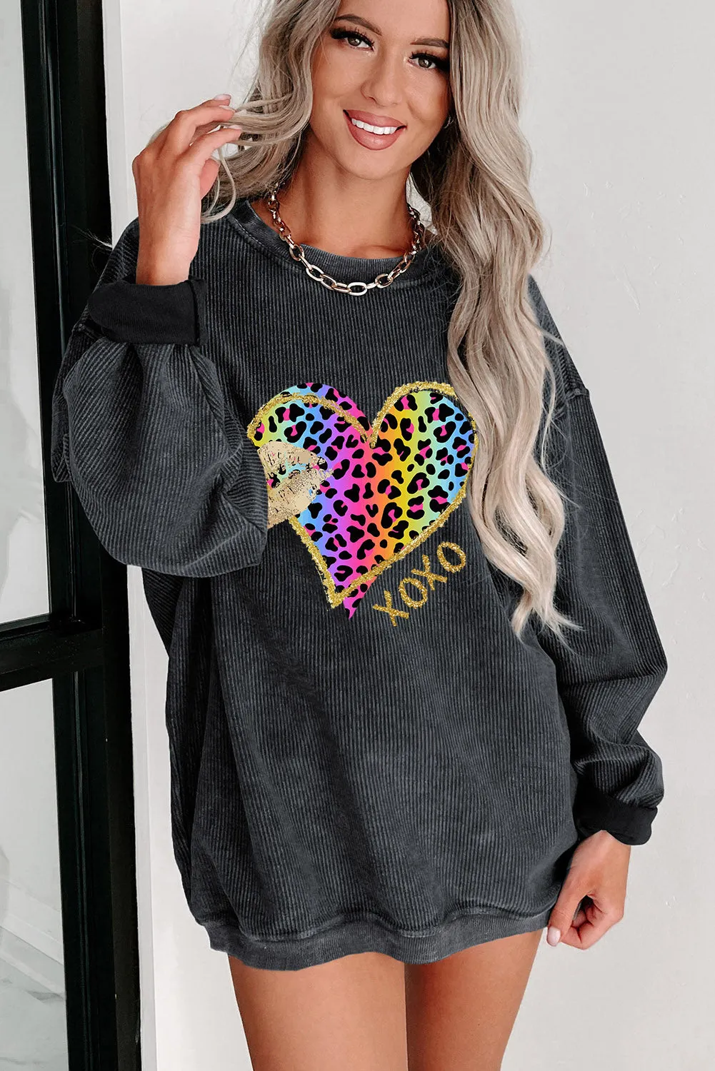Gray XOXO Leopard Heart Lip Print Drop Shoulder Sweatshirt