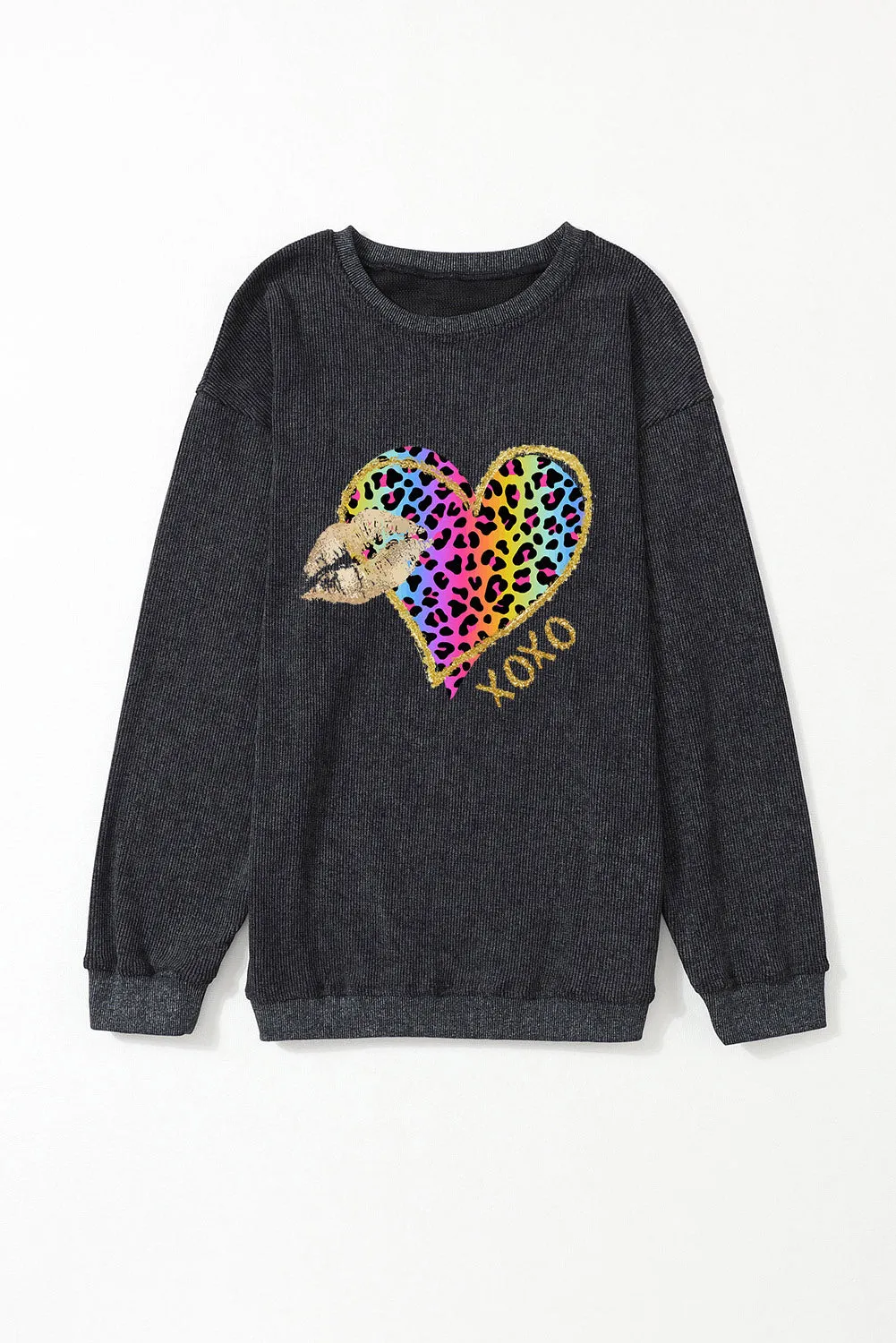 Gray XOXO Leopard Heart Lip Print Drop Shoulder Sweatshirt