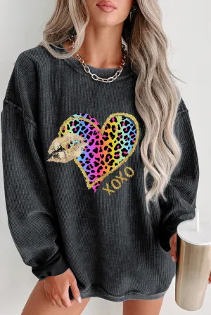 Gray XOXO Leopard Heart Lip Print Drop Shoulder Sweatshirt