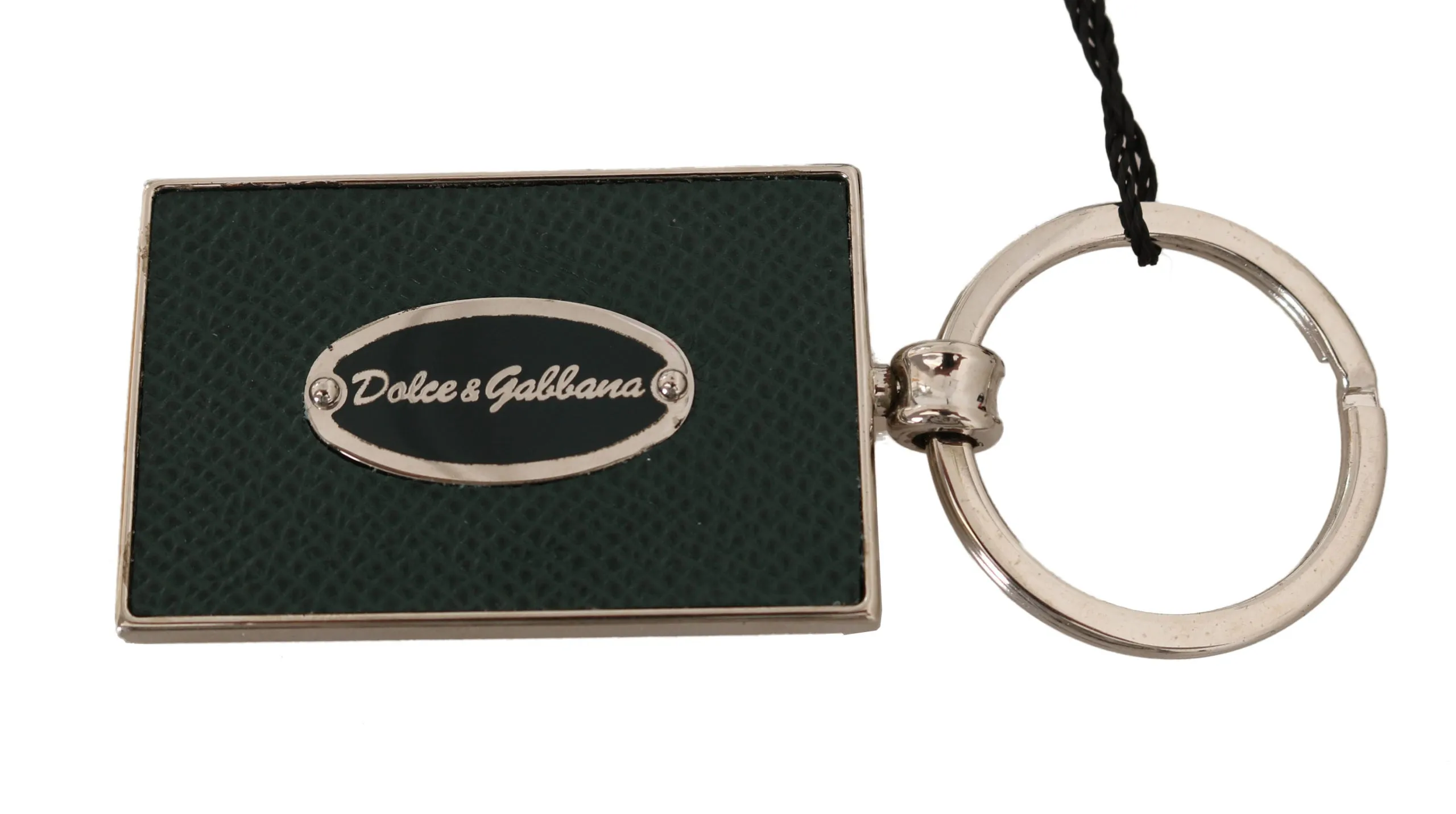 Green Dauphine Leather Silver Logo Keyring Keychain