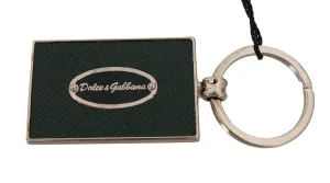 Green Dauphine Leather Silver Logo Keyring Keychain