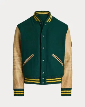 Green Suede And Cream Leather Classic Baseball Jackets - Leather Jackets