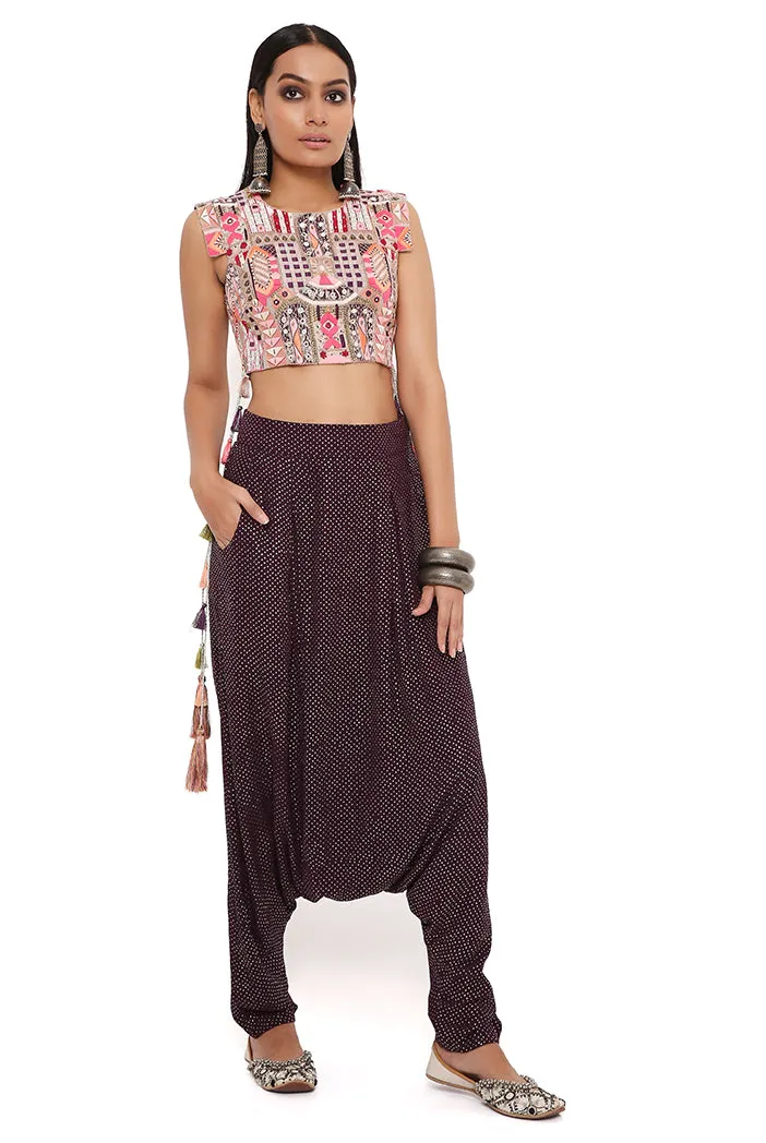 GREY GEORGETTE EMBROIDERED CROP TOP WITH PURPLE MUKAISH GEORGETTE LOW CROTCH PANTS
