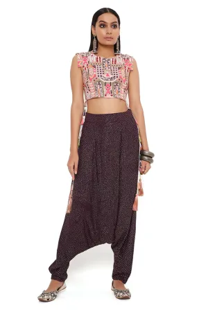 GREY GEORGETTE EMBROIDERED CROP TOP WITH PURPLE MUKAISH GEORGETTE LOW CROTCH PANTS
