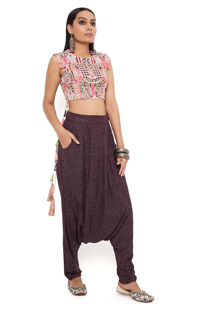 GREY GEORGETTE EMBROIDERED CROP TOP WITH PURPLE MUKAISH GEORGETTE LOW CROTCH PANTS