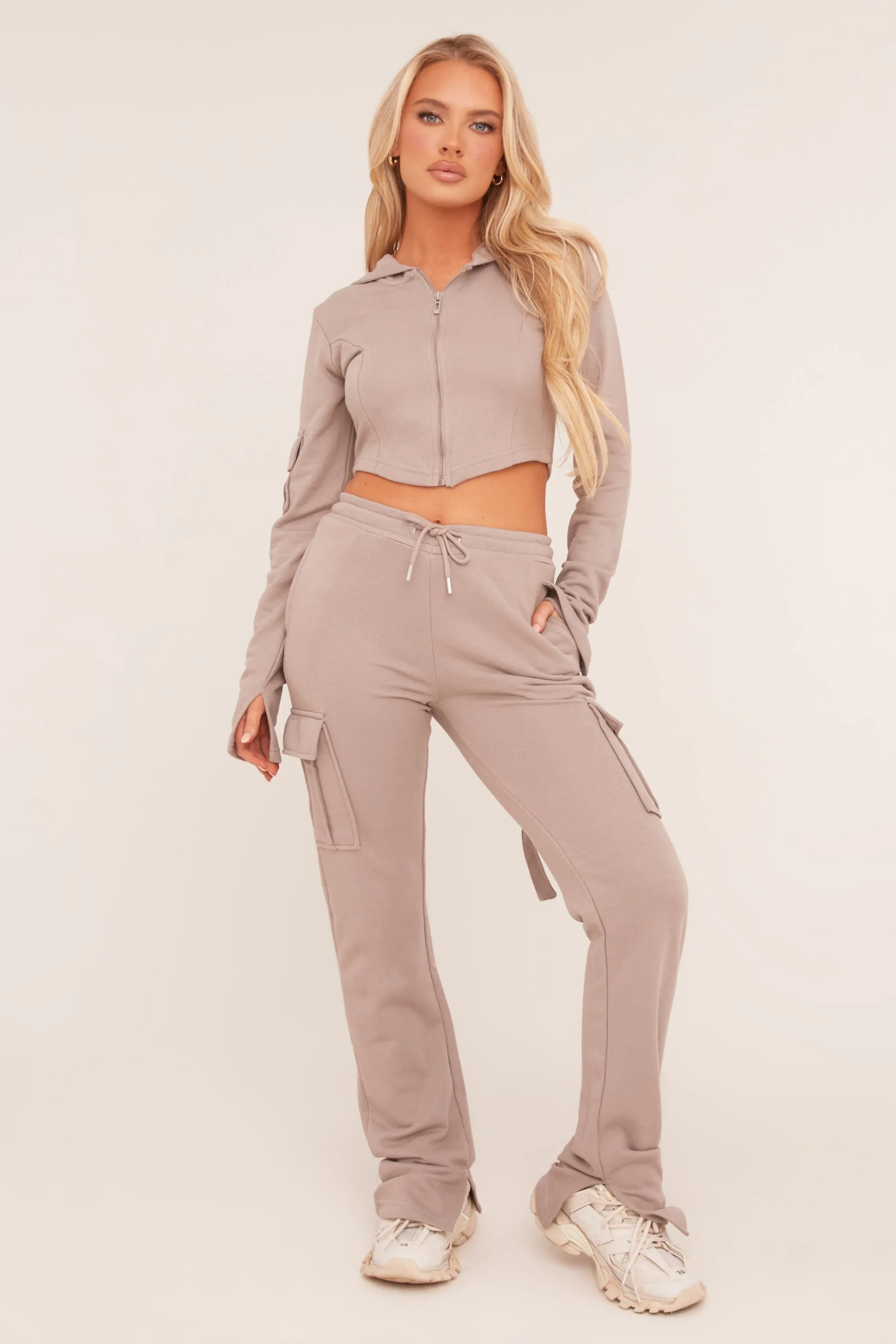 Grey Zip Front Hoodie & Cargo Joggers Loungewear Co-ord Set - Saina