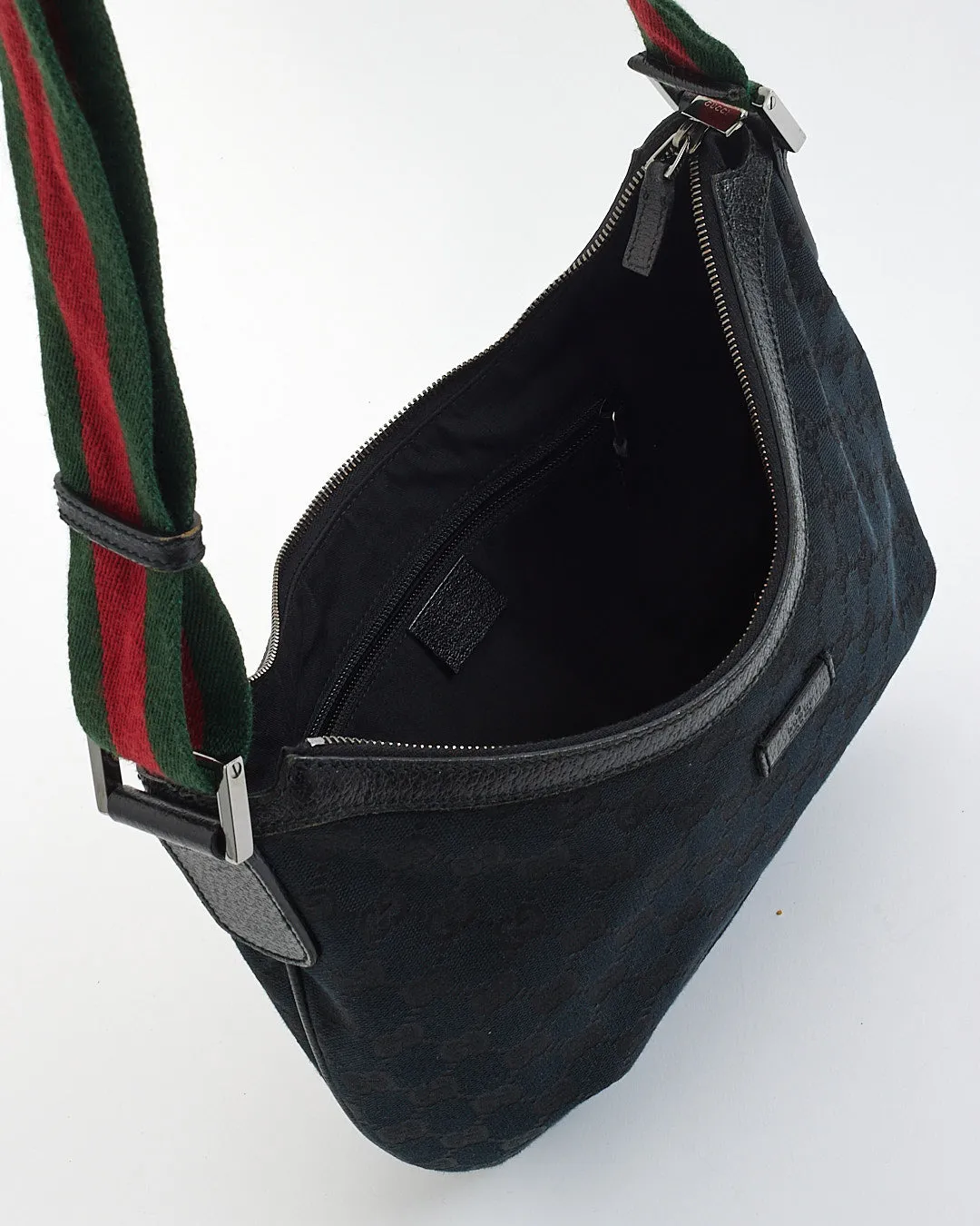 Gucci Black GG Monogram Canvas Web Half Moon Crossbody Bag