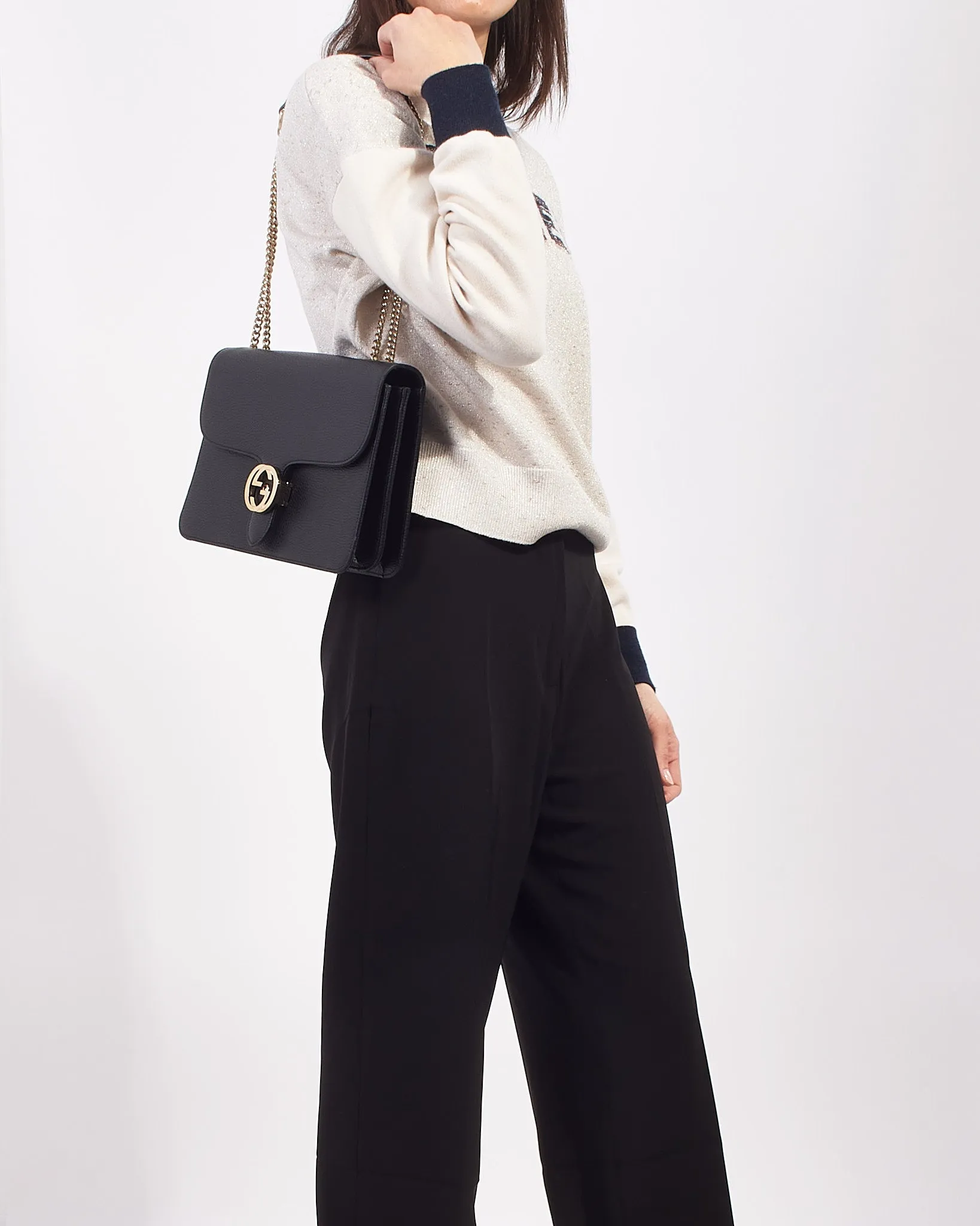 Gucci Black Leather Interlocking G Dollar Flap Shoulder Bag