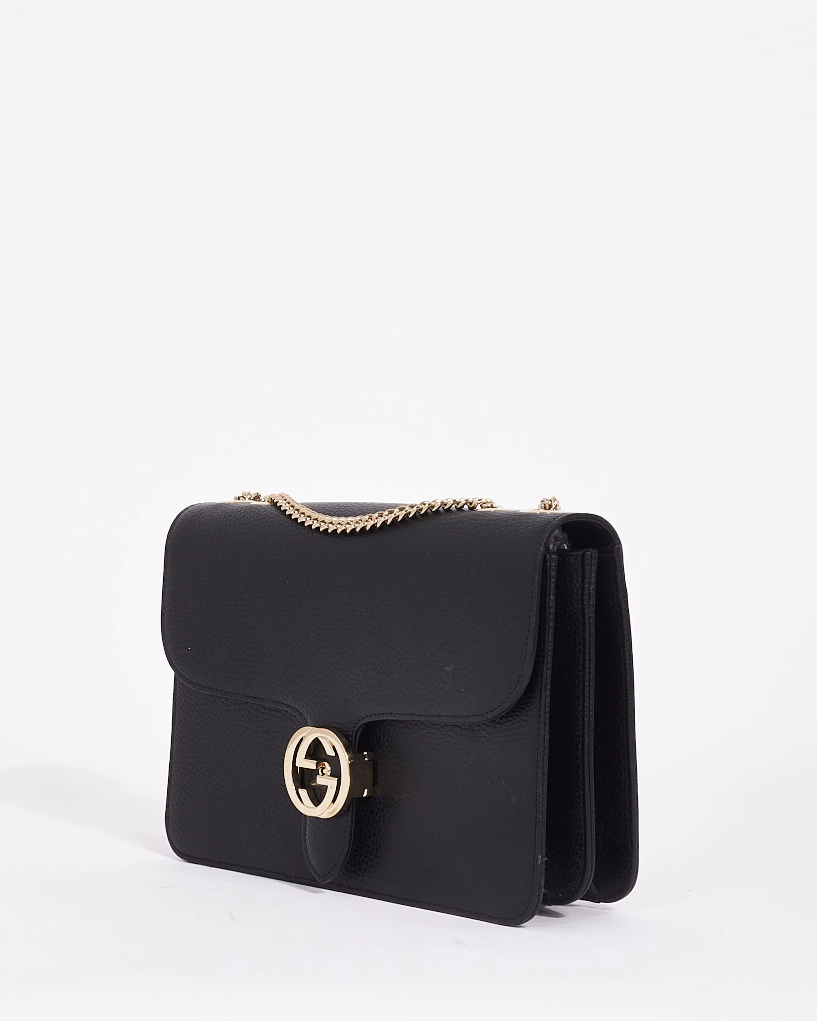 Gucci Black Leather Interlocking G Dollar Flap Shoulder Bag