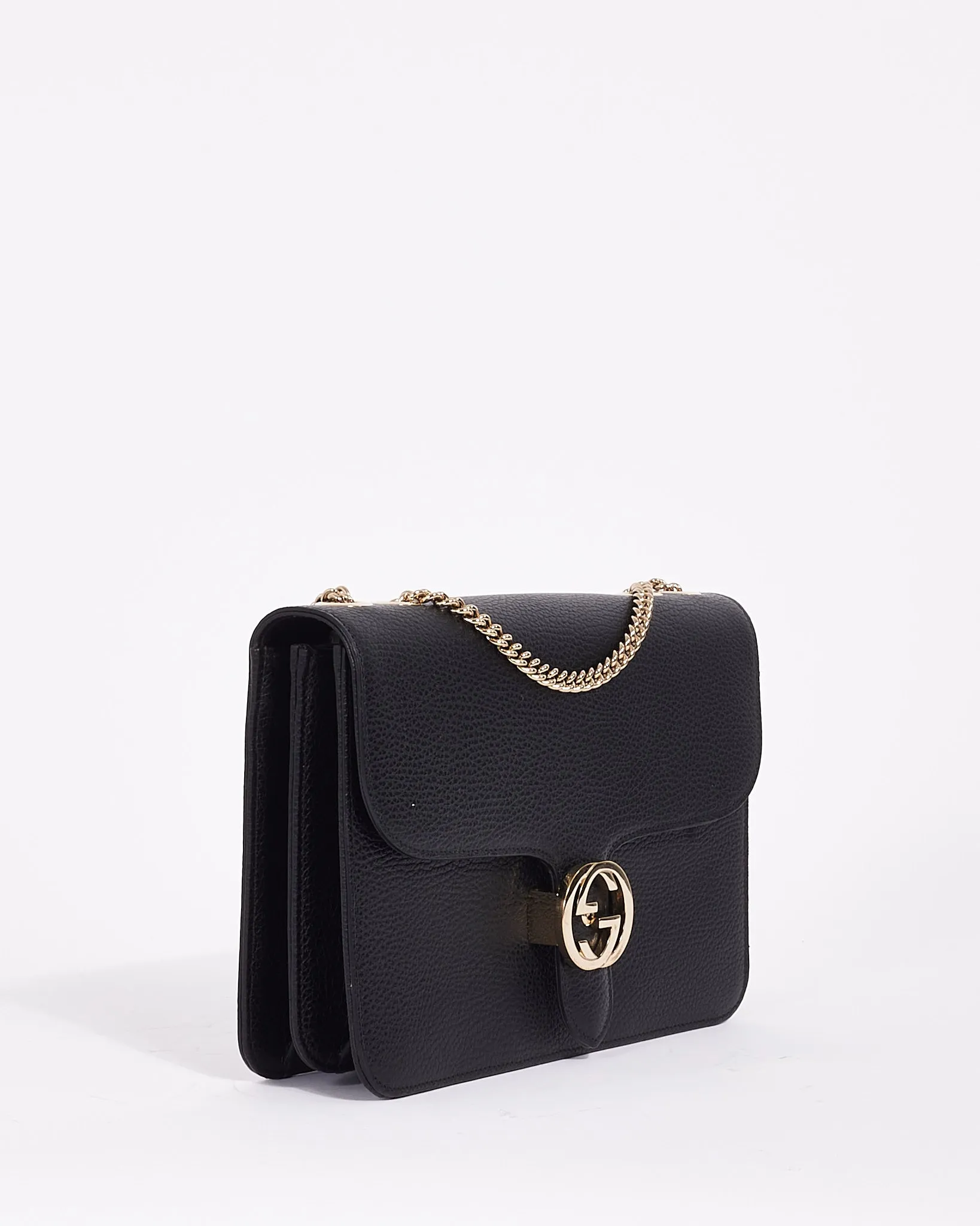 Gucci Black Leather Interlocking G Dollar Flap Shoulder Bag