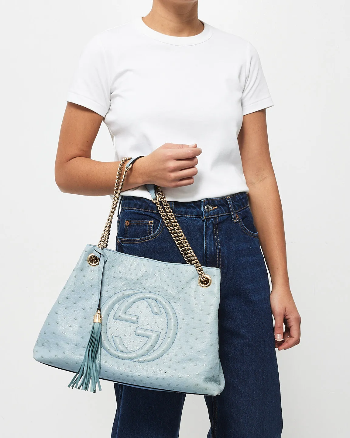 Gucci Blue Ostrich Leather Soho Chain Shoulder Bag